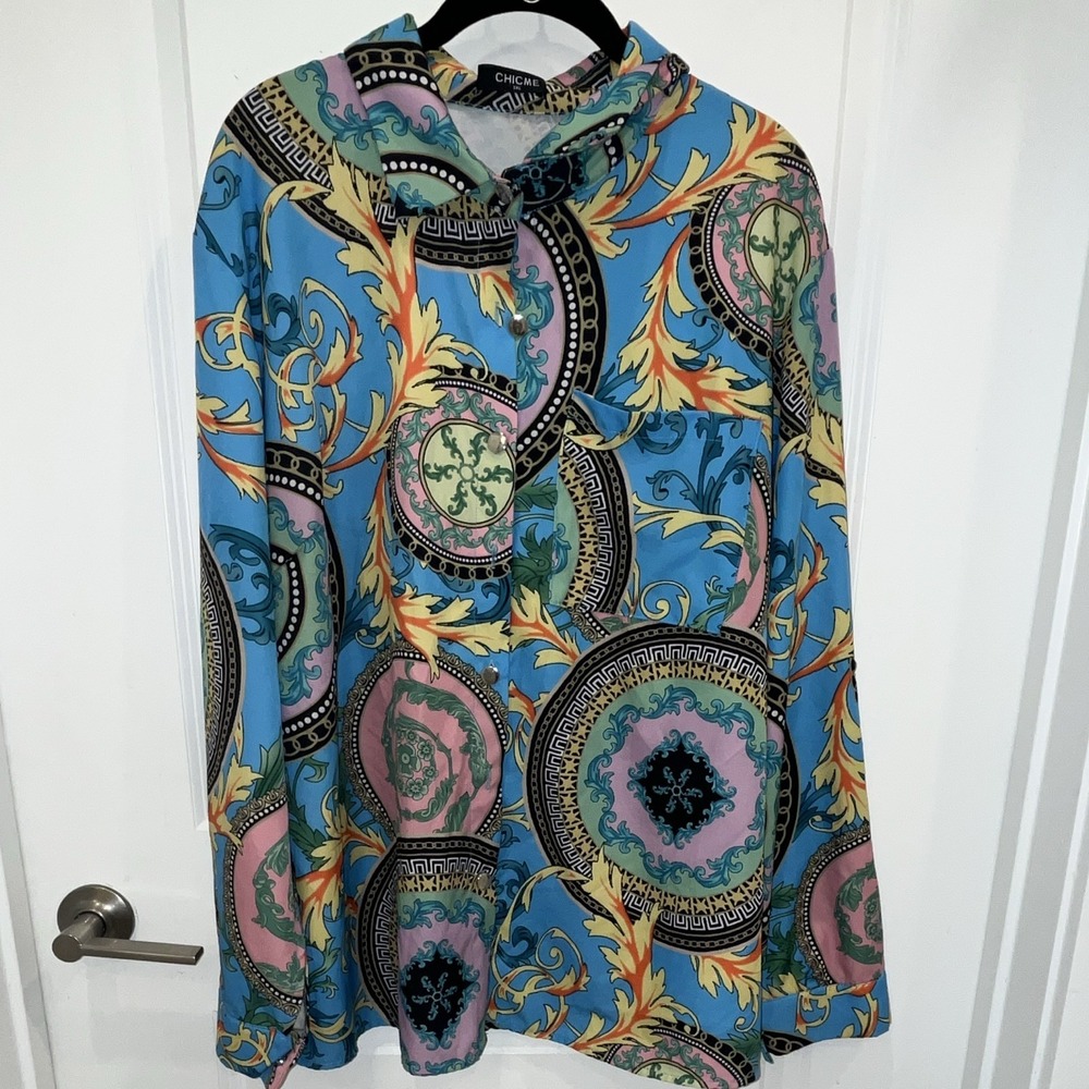 CHICME Women's Plus 3XL Multicolor Geometric Collared Long Sleeve Blouse